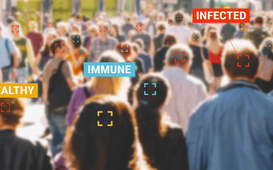 crowd of people on street with immunity icons